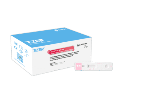 EZER™ MPT64 Rapid Test cassette showing positive result for Mycobacterium tuberculosis complex antigen
