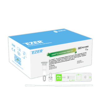 EZER™ Flu A+B Antigen Rapid Test showing distinct positive lines for Flu A and Flu B