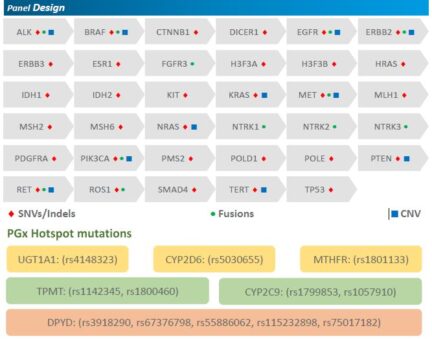 NGS Solid Tumor Panel detecting SNVs, Indels, CNVs, and RNA fusions in 35 actionable genes and 6 pharmacogenomics hotspots